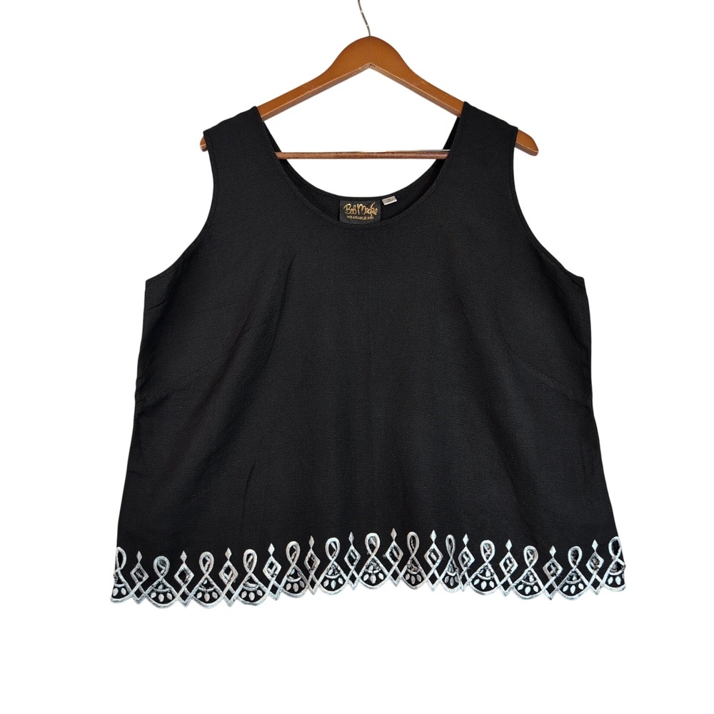 Bob Mackie Wearable Art Sz 1X Black Sleeveless Tank Top White Embroidered Hem